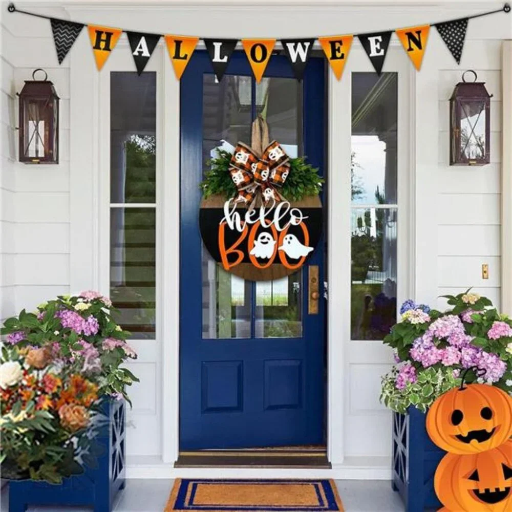 Halloween Ghost Door Sign - Cute Wood Wreath‎ for Front Door & Porch Decor